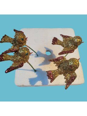Glitter Gold Bird Ornament Green Wire Stem  Decoration Crafting Lot 4